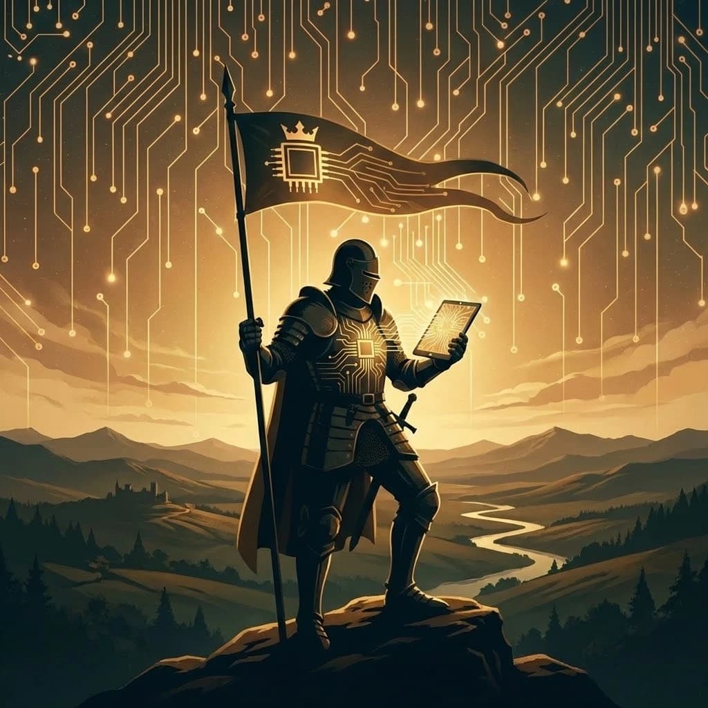 Knight holding a glowing tablet