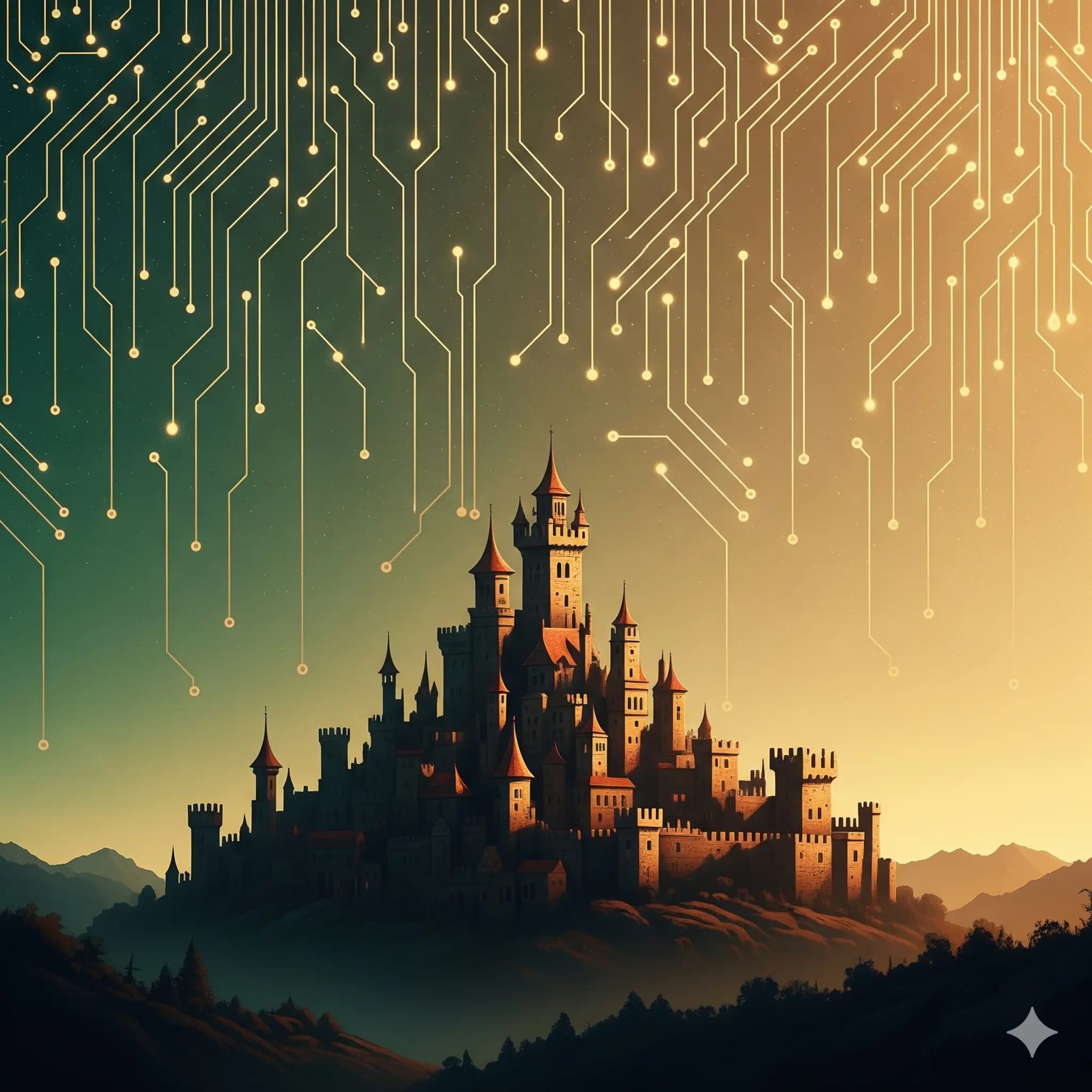 Castle silhouette with glowing circuit-board sky